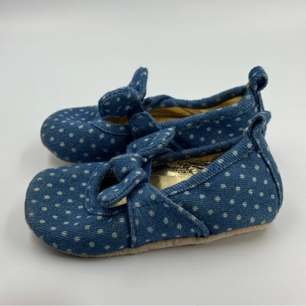 Old Navy Blue Jean and Polka Dot Slip On Baby Shoes With Bows Size 6-12 Months